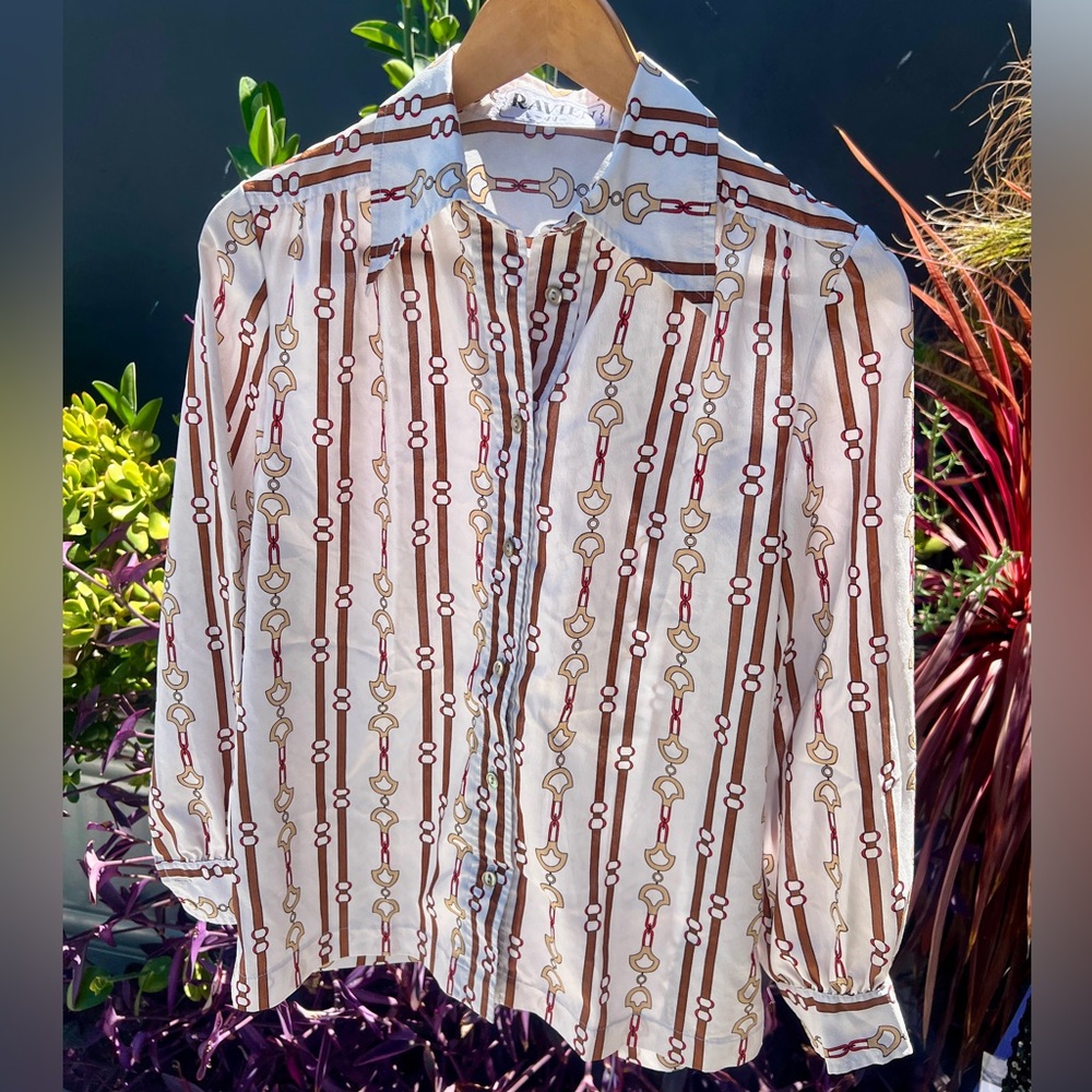 70s White and Brown Belt Pattern Silk Button Up